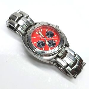 Fossil Blue Watch B9152 Silver Steel Wristband Red Face Chronograph Wat…